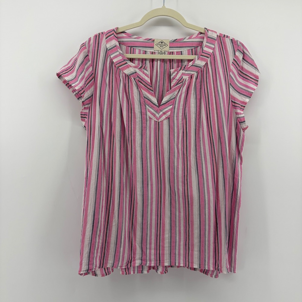 St. Johns Bay Women PXL Pink Striped V-Neck Short Sleeve Blouse Top Cotton Blend